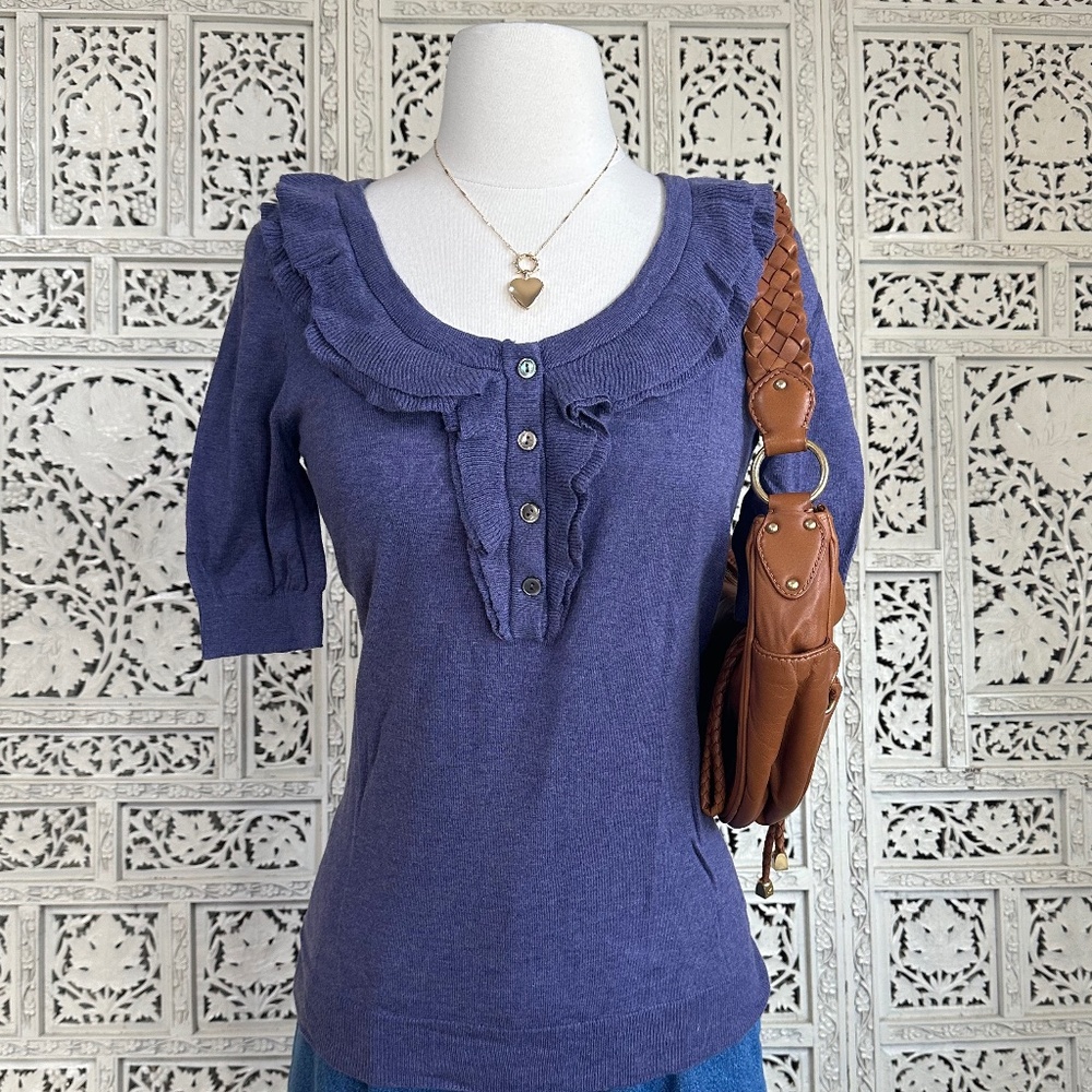 Banana Republic Y2k Inspired‎ Purple Blue Pima Cotton And Wool Ruffle Blouse XS